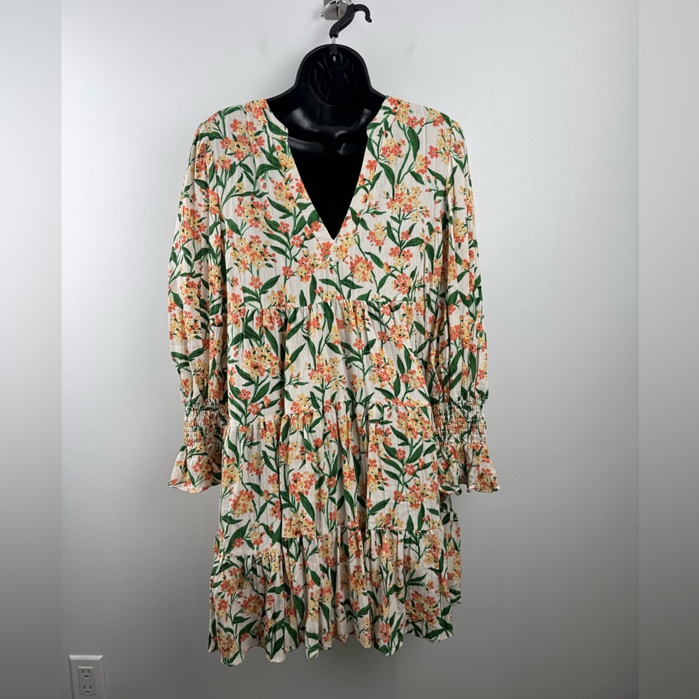 Tuckernuck Cream Floral V-Neck Tiered Dress with Green Leaves